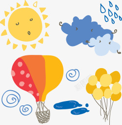 手绘云组合卡通太阳云朵气球高清图片