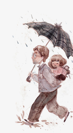 撑伞的小女孩手绘撑伞的父亲插画高清图片