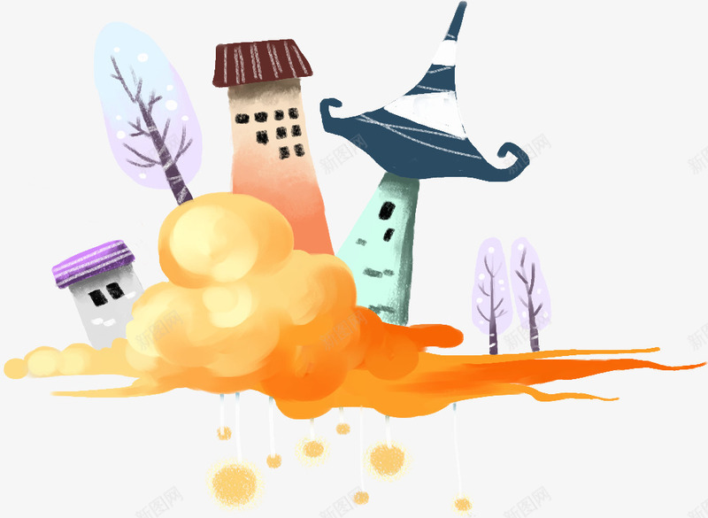 卡通橙色云朵房屋手绘人物png免抠素材_新图网 https://ixintu.com 云朵 人物 卡通 房屋 橙色