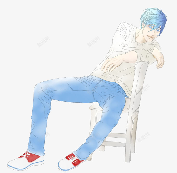 靠着椅子的蓝色头发男生png免抠素材_新图网 https://ixintu.com 头发 椅子 男生 蓝色