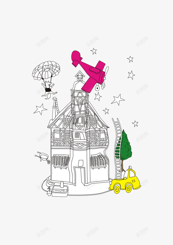 素描房屋png免抠素材_新图网 https://ixintu.com 小门 散落 热气球 素描星星 紫色飞机 绿色树木