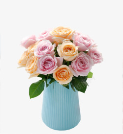 清新的花瓶插满玫瑰的蓝色花瓶高清图片