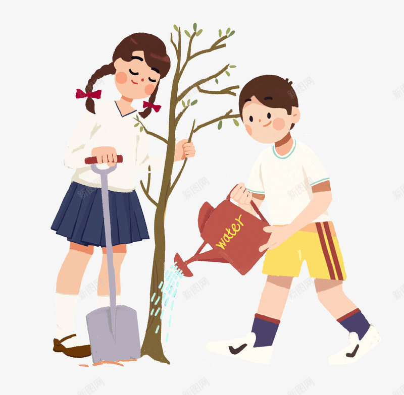 学生种树卡通手绘插画png免抠素材_新图网 https://ixintu.com 学生种树 栽树 植树日 植树节 植物 浇水 爱护环境 环保 种树场景
