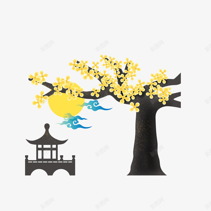 卡通桂花树下的凉亭psd免抠素材_新图网 https://ixintu.com 中秋节 古风凉亭 唯美风 月亮 桂花树 蓝色祥云