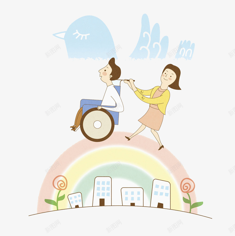 彩虹上的坐在轮椅上的人png免抠素材_新图网 https://ixintu.com 下身残疾 不能动 丧失运动 做轮椅 卡通 受伤 彩虹 照顾 疾病 瘫痪 起不来