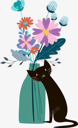 手绘黑猫手绘清新黑猫花瓶装饰插画矢量图高清图片