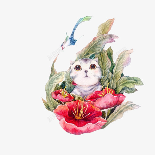 小猫花丛psd免抠素材_新图网 https://ixintu.com 可爱 捉迷藏 水彩画 猫 花丛