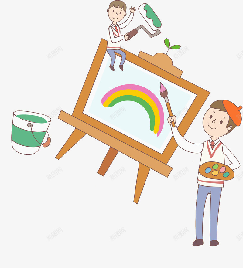画画的男孩png免抠素材_新图网 https://ixintu.com 做画 卡通 叶子 彩虹色 手绘 水彩 油漆 涂抹颜色 涂颜色 男孩 画画