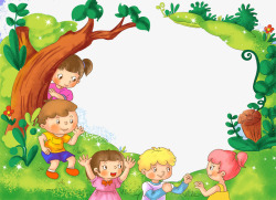 茂盛大树插图可爱小朋友与大树草地插画六一儿高清图片