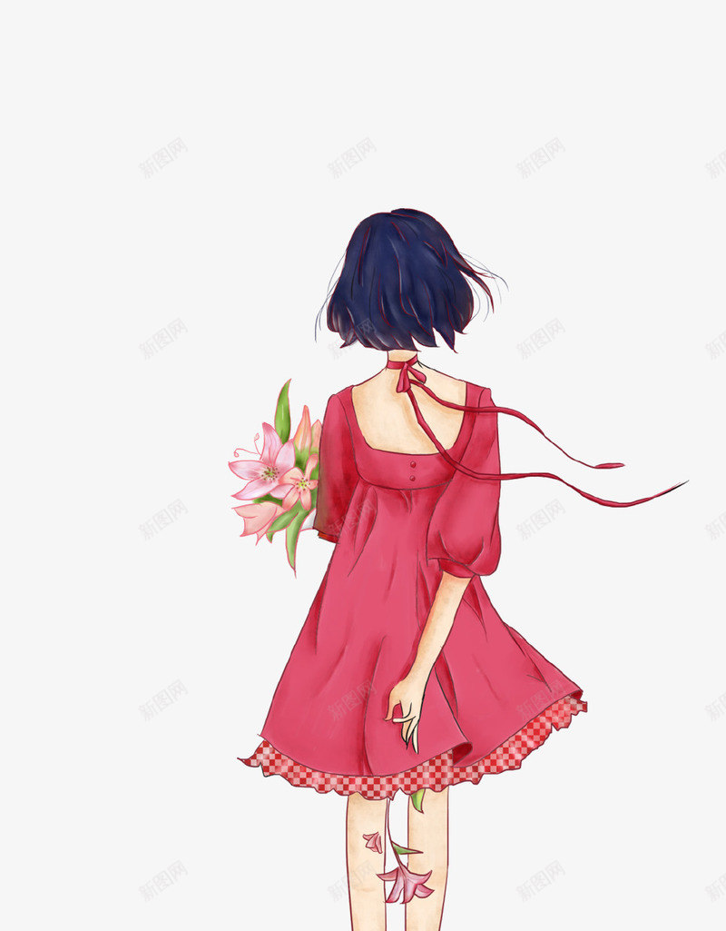 卡通手绘唯美少女背影插画png免抠素材_新图网 https://ixintu.com 卡通手绘 少女 插画 短发 背影 花朵 裙子