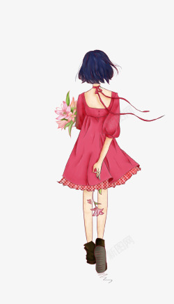 花朵组成的裙子卡通手绘唯美少女背影插画高清图片