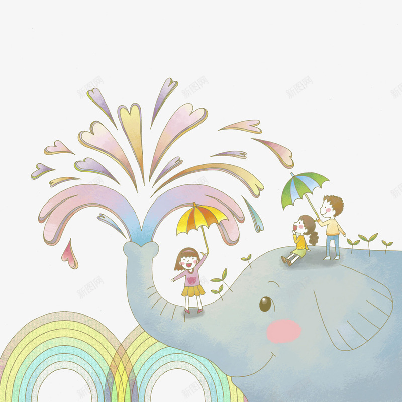 大象喷水png免抠素材_新图网 https://ixintu.com 动物 卡通 可爱 喷水 女孩 彩虹 手绘 童趣 蓝色 黄色雨伞