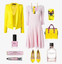 黄色裙装搭配黄色外套和粉色连衣裙高清图片