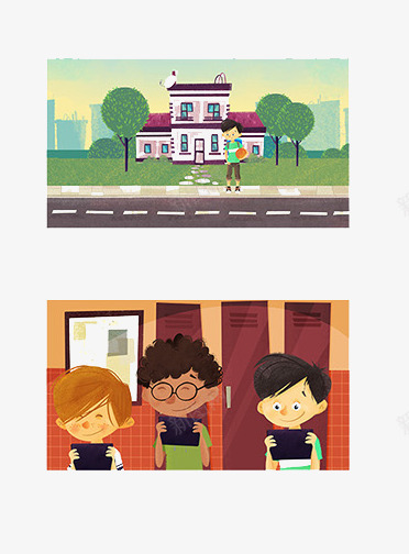 在家门口和学校的男孩png免抠素材_新图网 https://ixintu.com 卡通形象的插画 实用的插画 有创造的插画