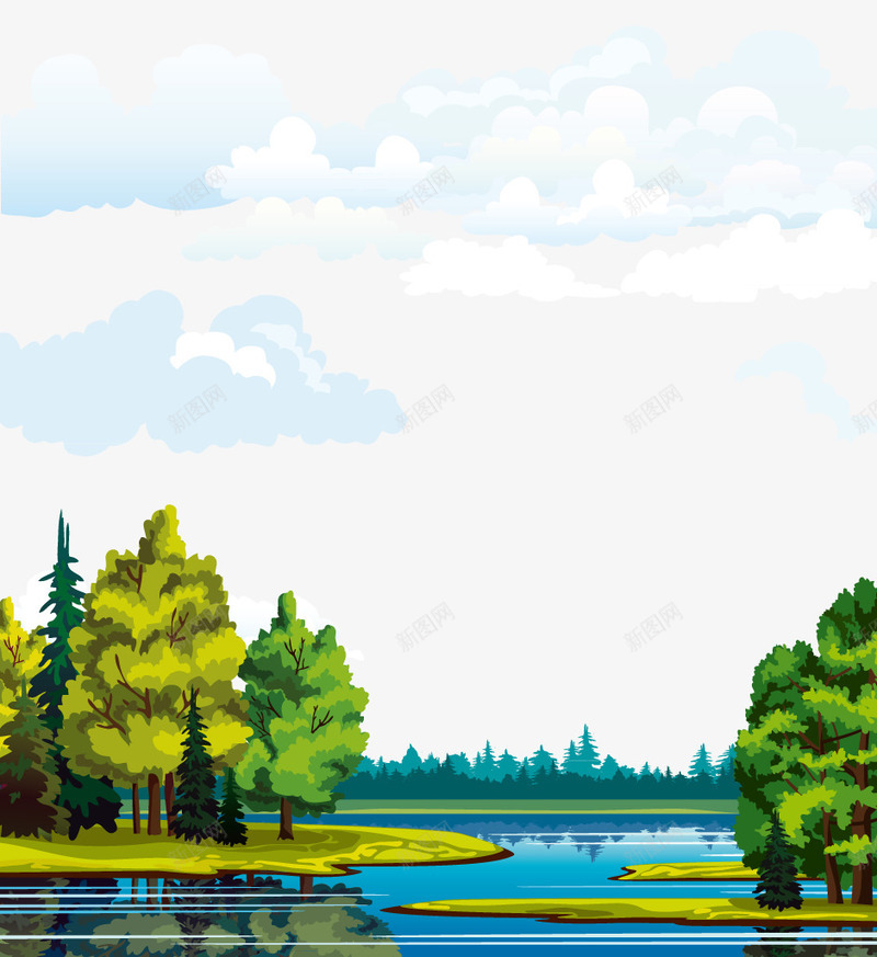 绿色风景png免抠素材_新图网 https://ixintu.com 小岛 山水插画 景色 森林 湖水 美丽风景