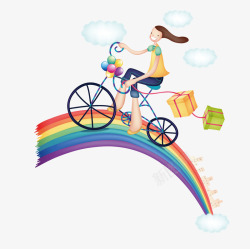 在彩虹上骑自行车带着礼物的女孩素材