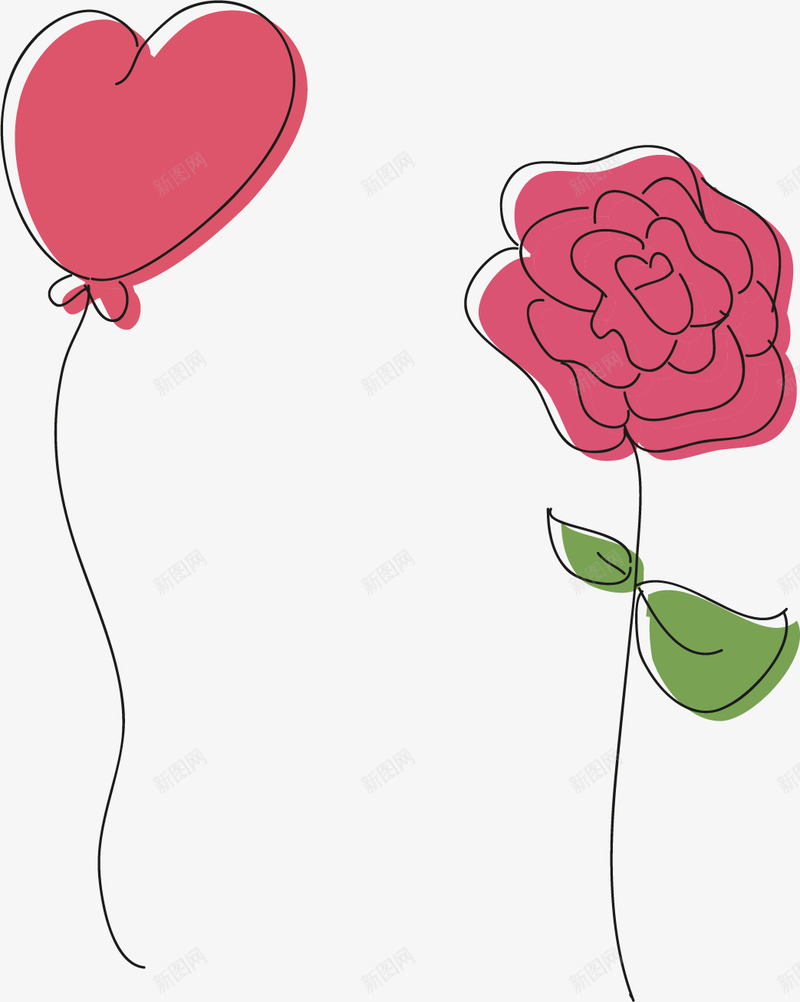 手绘粉色气球和玫瑰花png免抠素材_新图网 https://ixintu.com 情人节 手绘 插画 气球 玫瑰花 简单 简笔画