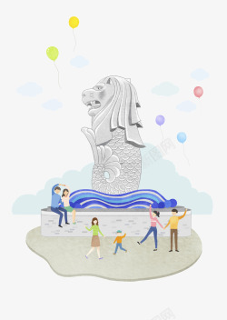 家庭团体旅游矢量插画新加坡鱼尾狮手绘插画高清图片