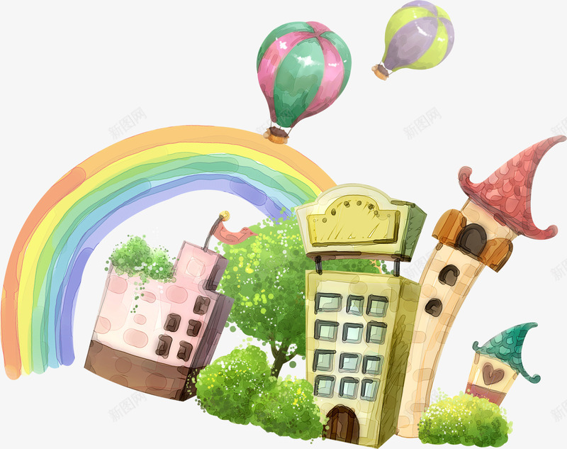 创意手绘建筑热气球彩虹png免抠素材_新图网 https://ixintu.com 创意 建筑 彩虹 热气球