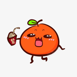 水果小人可爱的卡通香橙喝奶茶高清图片