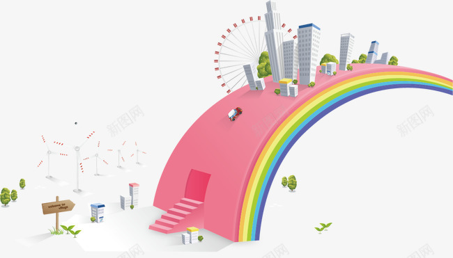 彩虹上的城市png免抠素材_新图网 https://ixintu.com 创意 卡通素材 商业插画 城市 平面设计 广告设计 彩虹 环保素材 风车