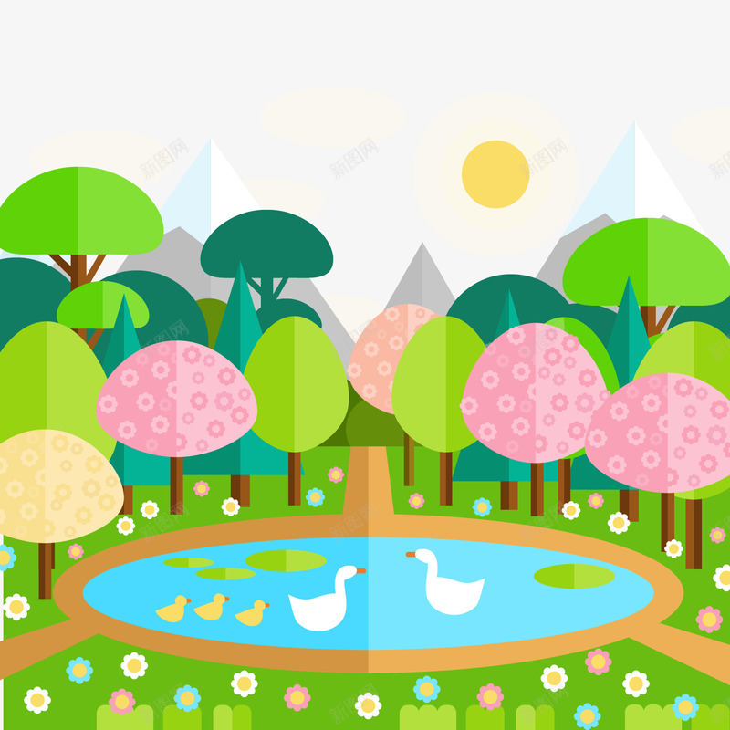 池塘风景png免抠素材_新图网 https://ixintu.com 手绘 手绘鸭子 树木 森林 池塘 绿色 风景画