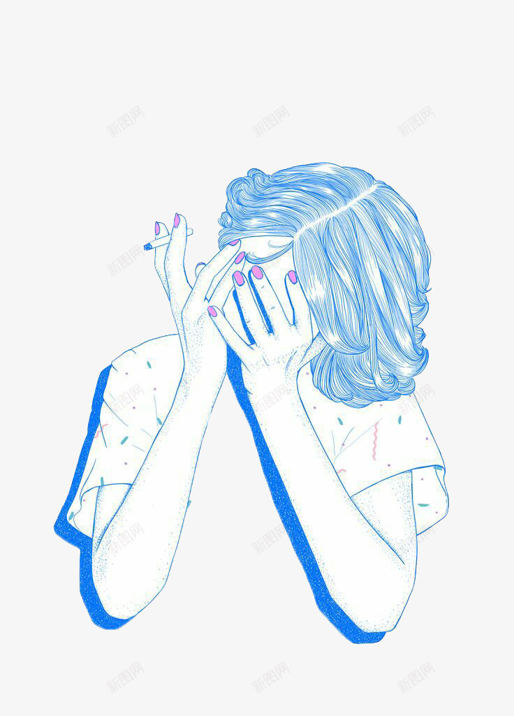 手绘蓝色调女孩png免抠素材_新图网 https://ixintu.com 图案设计 女生 手绘 短发