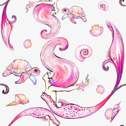 粉色海螺唯美水彩美人鱼插画高清图片