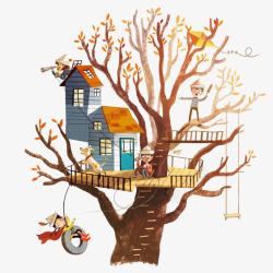 秋天的童话手绘卡通树屋高清图片
