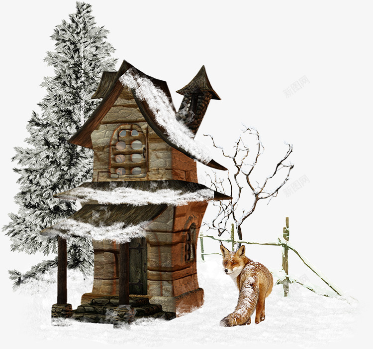 被雪覆盖的小房子和狐狸png免抠素材_新图网 https://ixintu.com 下雪 冬天 房子 森林 狐狸