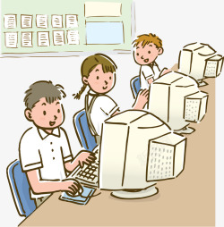 电脑室卡通人物学生玩电脑高清图片