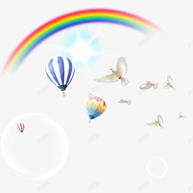 热气球白鸽彩虹png免抠素材_新图网 https://ixintu.com 彩虹 热气球 白鸽 装饰图案