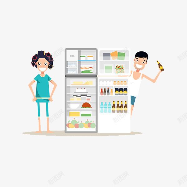 手绘家庭png免抠素材_新图网 https://ixintu.com 冰箱 卡通人物 女孩 手绘素材 男孩
