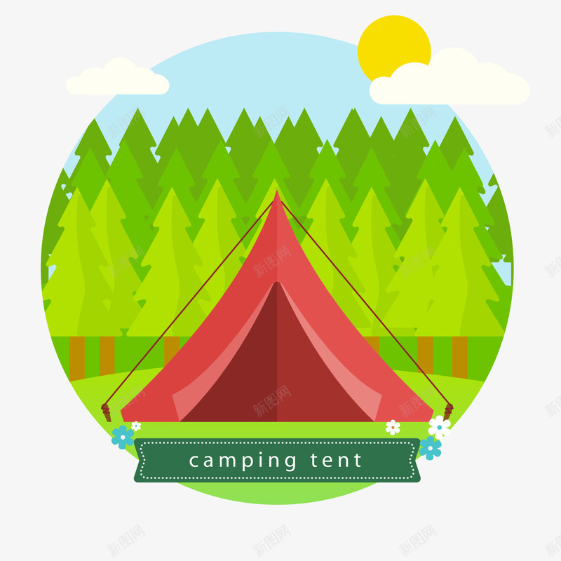 绿色郊外中的红色帐篷png免抠素材_新图网 https://ixintu.com 帐篷 树木 森林 绿色植物