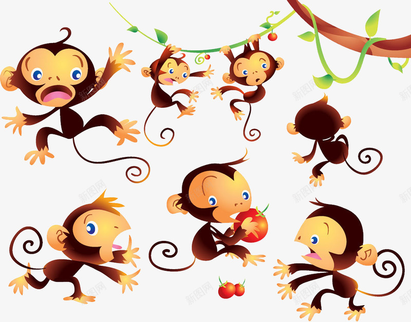 可爱猴子合集png免抠素材_新图网 https://ixintu.com 动物 卡通 可爱 合集 小猴子 手绘 水果 猴子 玩耍 苹果
