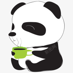 手拿水杯坐着喝咖啡的大熊猫高清图片