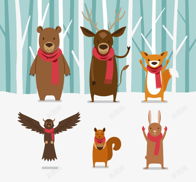 红色围巾的森林动物png免抠素材_新图网 https://ixintu.com 动物 卡通动物 可爱 松鼠 熊