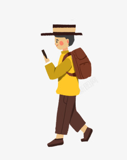 戴帽子的男子玩手机走路男子插画高清图片