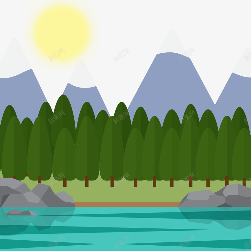 山脉和森林png免抠素材_新图网 https://ixintu.com 云 太阳 山脉 森林 湖水