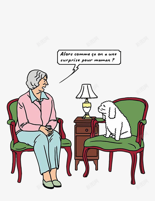 老奶奶与白狗png免抠素材_新图网 https://ixintu.com 对话框 插画 椅子 白狗 老奶奶 老婆婆卡通