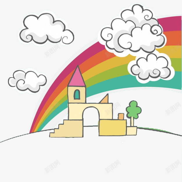 手绘背景彩虹和城堡png免抠素材_新图网 https://ixintu.com 云朵 云线 城堡 彩虹 手绘