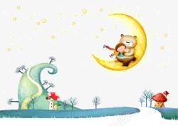 卡通画画小人月亮上的小熊高清图片