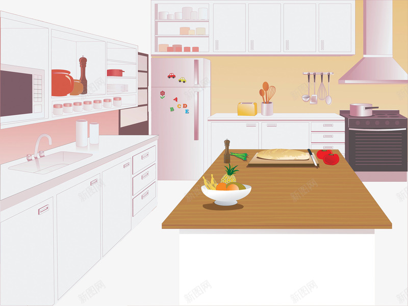 家居厨房插画png免抠素材_新图网 https://ixintu.com 冰箱 创意橱柜 厨房橱柜 家居厨房 灰色橱柜 饭桌