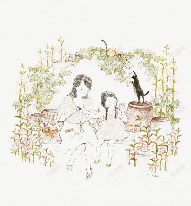 绘画妈妈与小女孩psd免抠素材_新图网 https://ixintu.com 两只小猫 女孩 妈妈 植物 缸 花朵