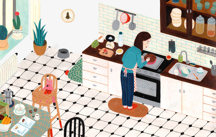 妈妈在厨房做蛋糕psd免抠素材_新图网 https://ixintu.com 万能妈妈 创意插画 卡通贺卡封面 厨房台面 大学生厨房ppt 手绘插画