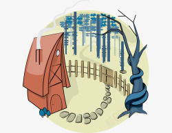 卡通的石路卡通手绘树林房屋篱笆石路高清图片