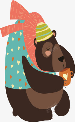卡通红围巾红围巾狗熊喝水森林动物卡通插画高清图片