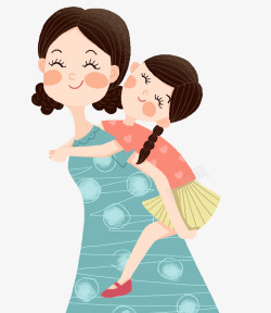 背着孩子手绘可爱插画母亲节背着孩子的妈高清图片