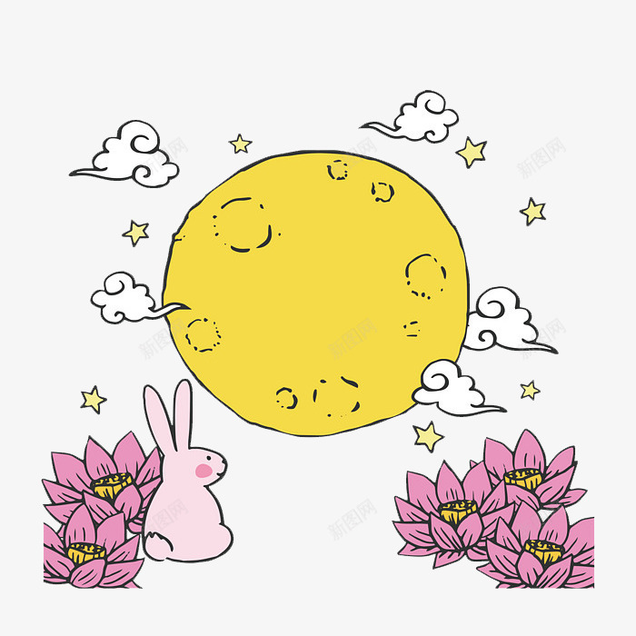 中秋节装饰png免抠素材_新图网 https://ixintu.com 中秋卡通兔子 卡通月亮 手绘祥云 月亮 海报装饰图案 祥云 莲花