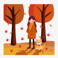 喜迎秋天一个在秋天牵着狗的女孩矢量图高清图片